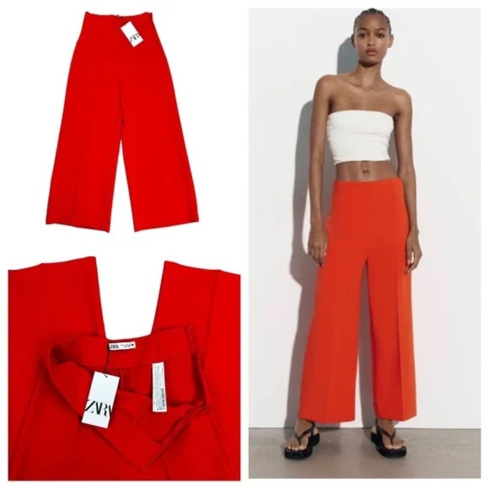 Zara Red Cropped High Waisted Wide Leg Pants